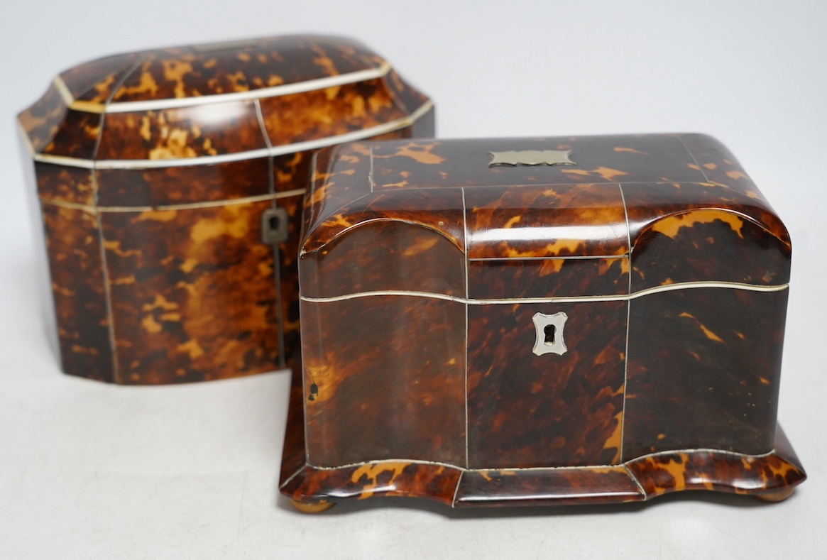 Two Regency ivory inlaid tortoiseshell tea caddies, 20cm wide, CITES Submission references DPGGV1RZ & 5672U3PY. Condition - fair